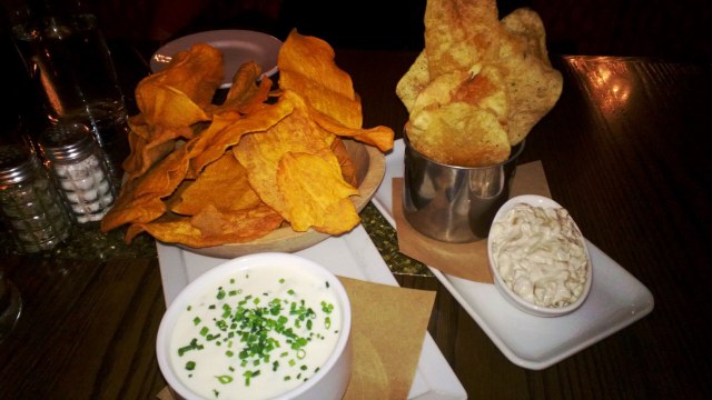 Sweet potato "Couch Potatoes" (l) served with White Cheddar Sour Cream & Chive dip and russet "Ranch Potatoes" served with French Onion Dip are served at brunch as well as at dinner.