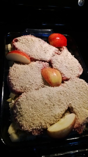 Apples added, skin-side-up so they don't dry out, the almost one-pot-meal is ready to cover with foil and bake.