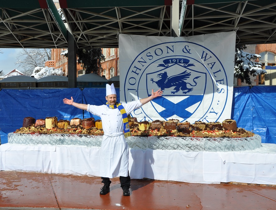 Chef Sacks in front of the world's heaviest vegan banana split.