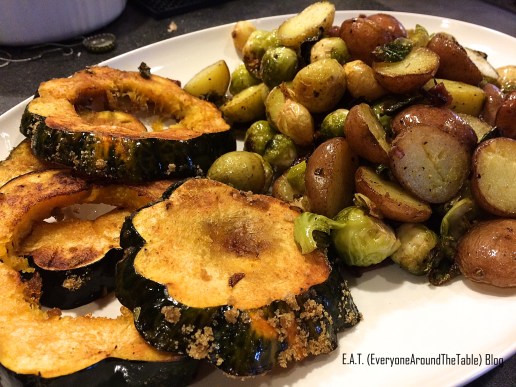 On the right, I roasted halved baby potatoes, Brussels sprouts, garlic cloves and a little bacon, mixed with olive oil, salt and pepper. On the left, I sliced and seeded an acorn squash, dressed it the same way but sprinkled a little brown sugar mixed with some cardamom in the last few minutes. I did this all on one baking sheet, at 375 degrees, for about 20 minutes (turning everything over twice) while the turkey rested and the gravy was being made. Next year, I'll also add baby carrots for additional color and flavor. See? Another lesson learned!
