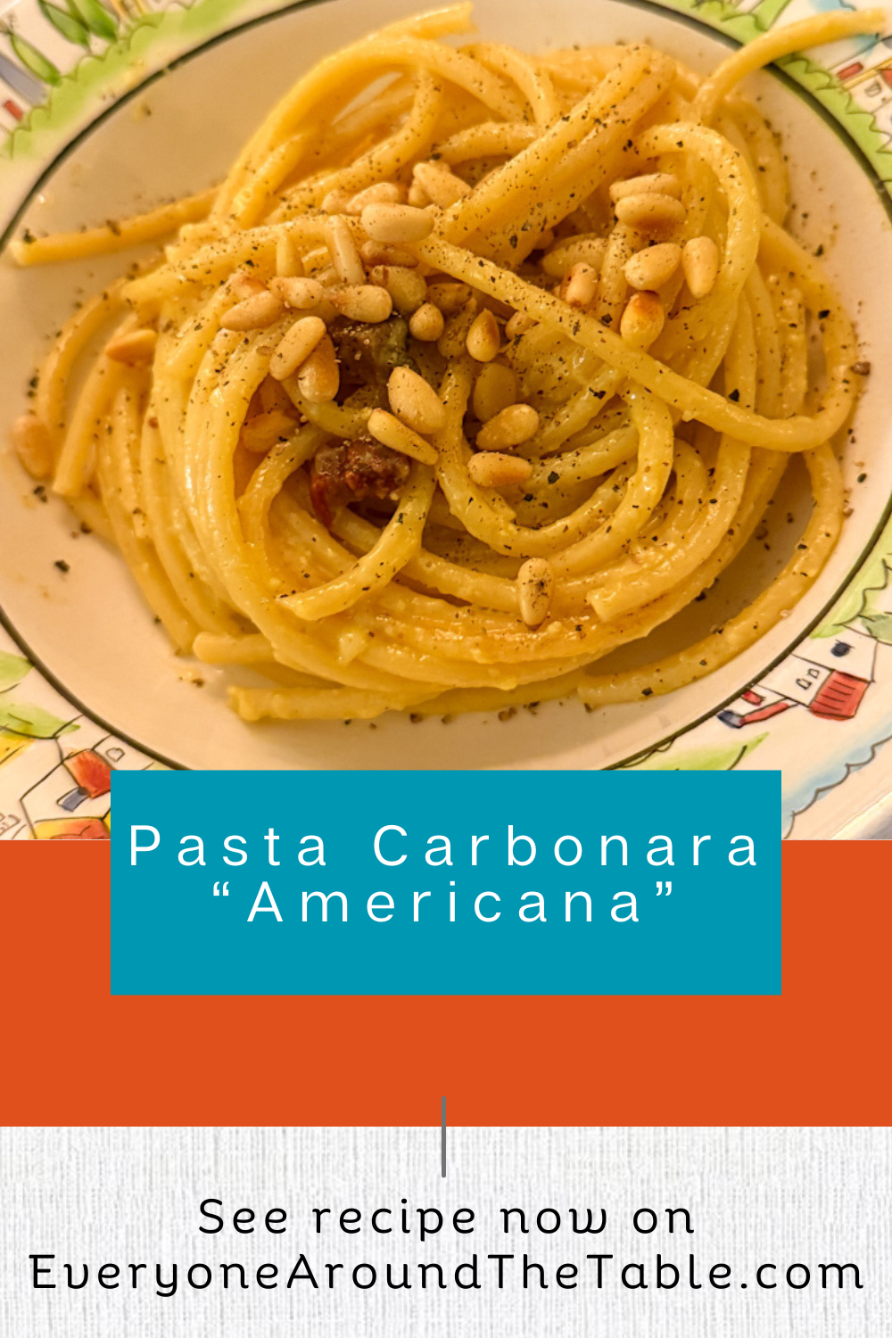 Pinterest Pin with photo of pasta with pinon nuts.